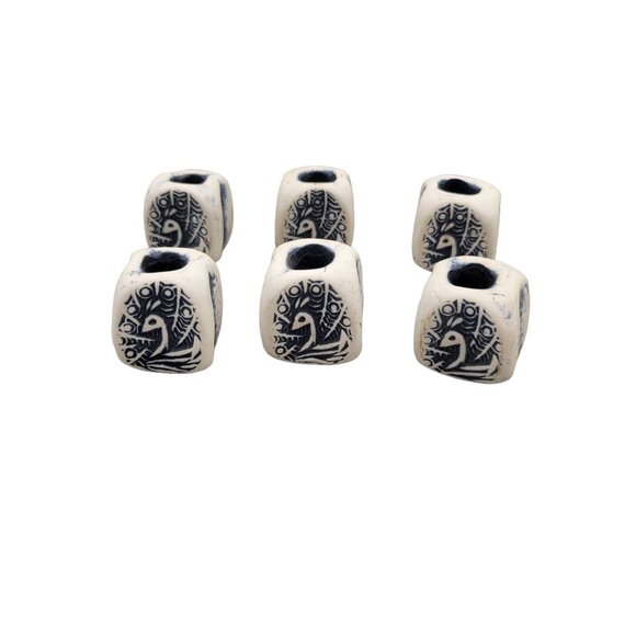 Handmade Bisque Fired Clay Beads Peacock Design Stamped Set of 6 - Picture 3 of 6